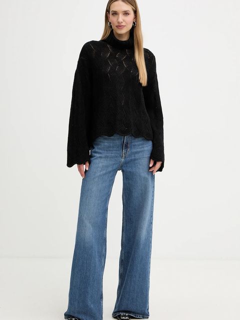 Twinset sweter z dodatkiem wełny damski kolor czarny ciepły z golfem 252TT3424