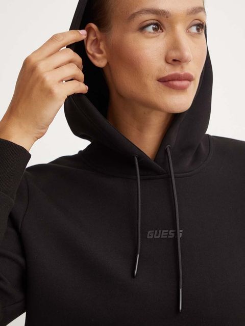 Guess bluza CARLA damska kolor czarny z kapturem z aplikacją V4YQ11 KB3P2