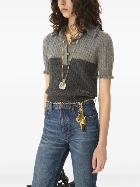 Chloé ruffled cable-knit polo top - Grey