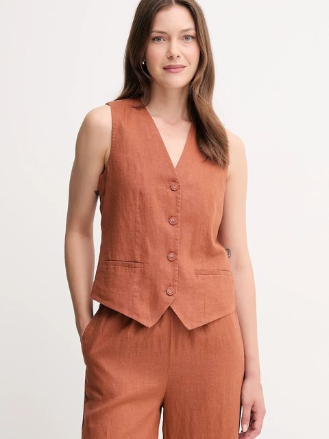 United Colors of Benetton kamizelka lniana kolor pomarańczowy jednorzędowa - zdjęcie produktu nr 1