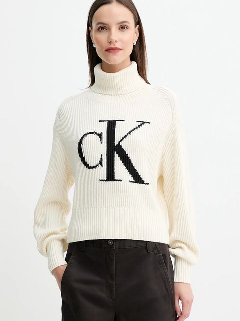 Calvin Klein Jeans sweter bawełniany damski kolor beżowy ciepły z golfem LV047D349G - zdjęcie produktu nr 1