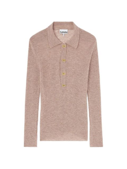 GANNI ribbed-knit long-sleeved polo top - Neutrals - zdjęcie produktu nr 1
