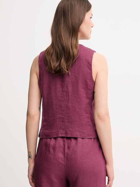 United Colors of Benetton kamizelka lniana kolor fioletowy jednorzędowa