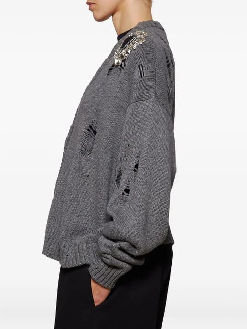 AREA crystal-embellished distressed cardigan - Grey