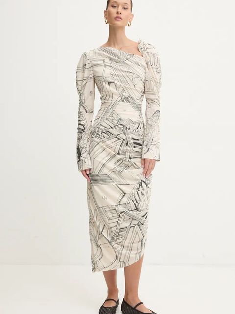 Stine Goya sukienka kolor beżowy midi dopasowana D002-2245