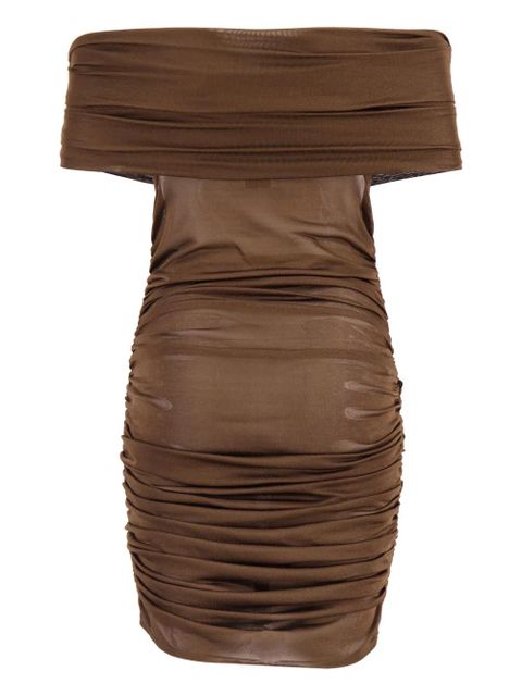 Saint Laurent off-shoulder ruched mini dress - Brown