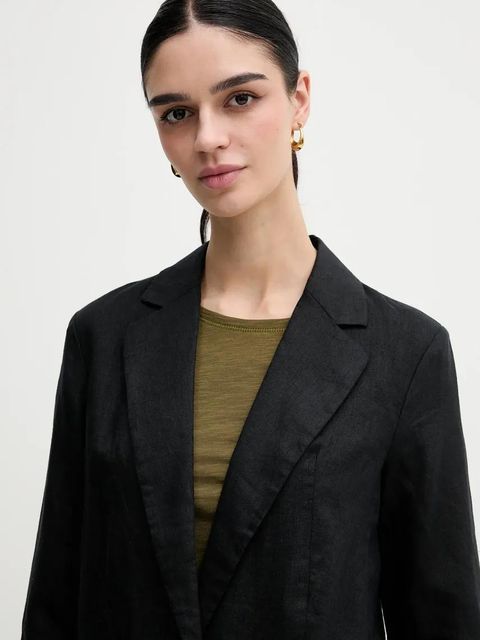 Sisley marynarka lniana kolor czarny jednorzędowa gładka