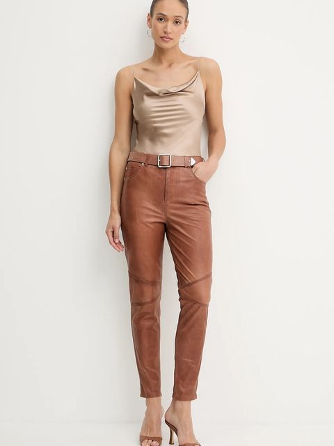 Pinko spodnie skórzane damskie kolor brązowy proste high waist 103896 A2I1