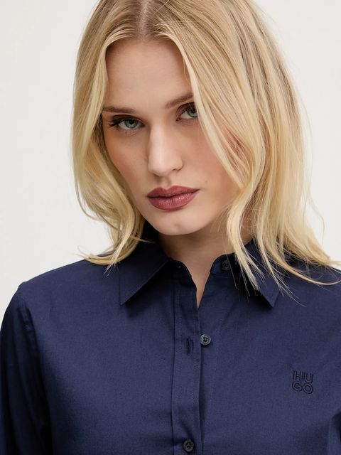 HUGO koszula damska kolor granatowy regular z kołnierzykiem klasycznym
