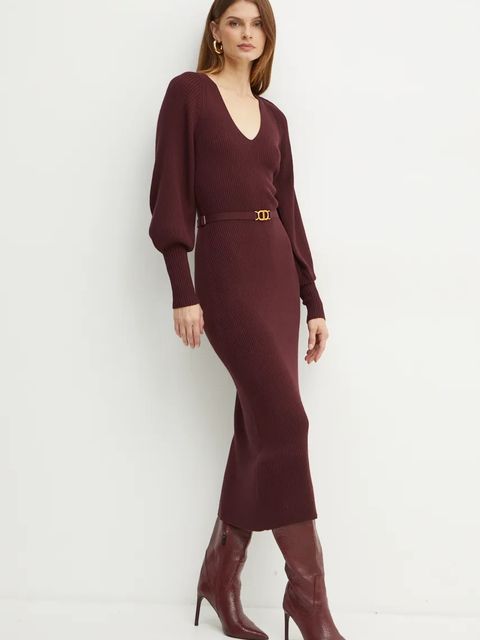 Twinset sukienka z domieszką wełny kolor bordowy maxi dopasowana 242TT3060