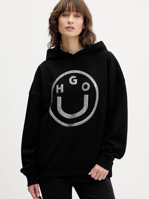 Hugo Blue bluza bawełniana damska kolor czarny z kapturem z nadrukiem 50550709 - zdjęcie produktu nr 1