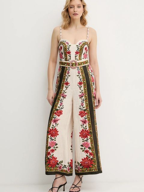 Farm Rio kombinezon lniany kolor beżowy z dekoltem w szpic 344883