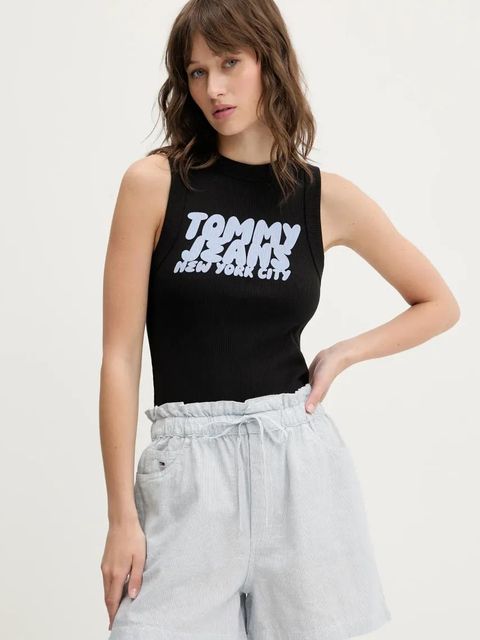 Tommy Jeans szorty z domieszką lnu damskie kolor niebieski wzorzyste high waist DW0DW20360