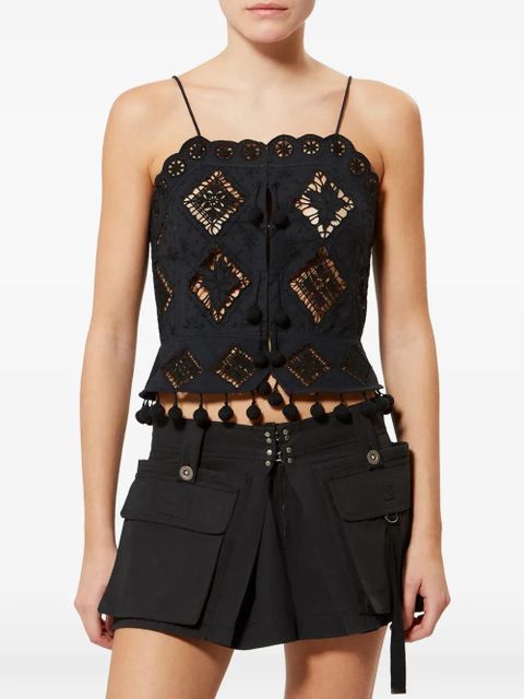 ISABEL MARANT Nelssy broderie anglaise pompom trim top - Black