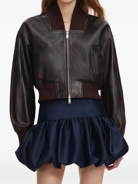 Self-Portrait ribbed leather bomber jacket - Brown