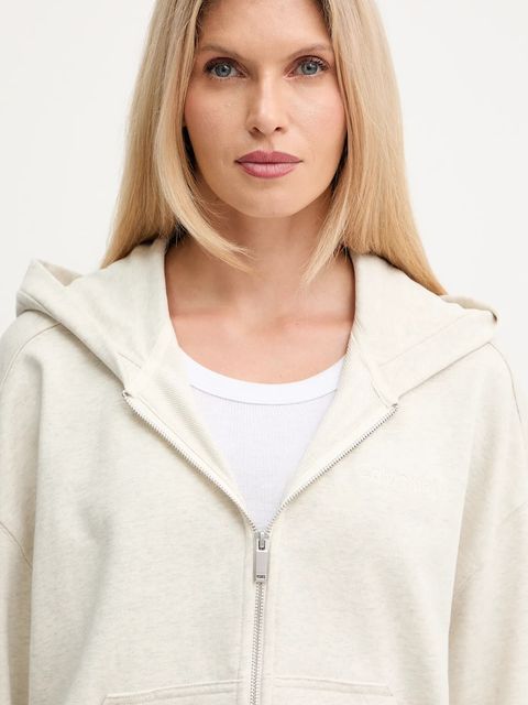 Calvin Klein bluza bawełniana damska kolor beżowy z kapturem gładka LV044C211G