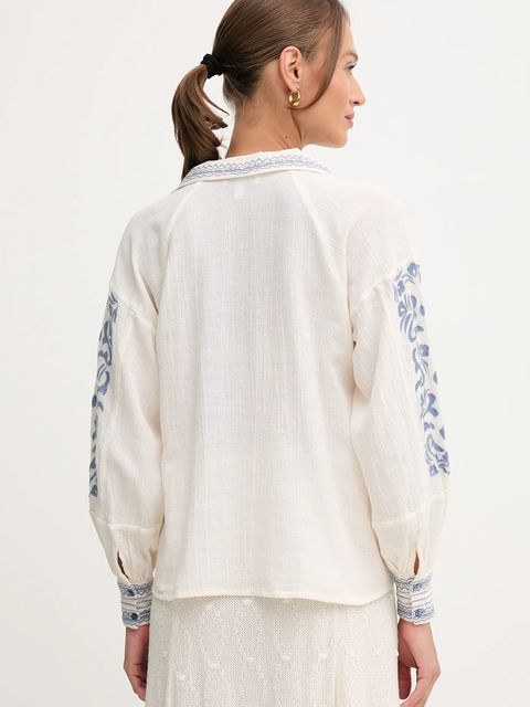 Hoss Intropia bluzka z lnem damska kolor beżowy z aplikacją 6282664