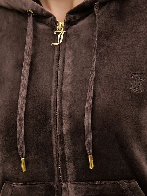 Juicy Couture bluza ROBERTSON HOODIE damska kolor brązowy z kapturem z aplikacją JCAP176G