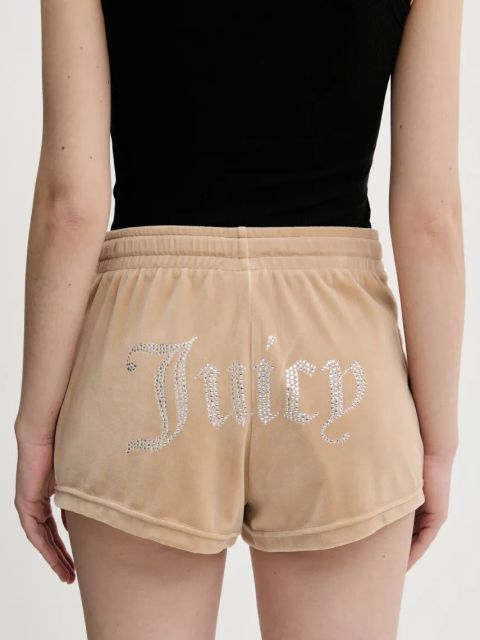Juicy Couture szorty welurowe TAMIA damskie kolor beżowy z aplikacją medium waist JCWH121001