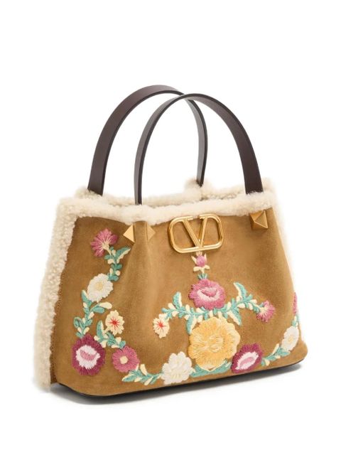 Valentino Garavani small embroidered-flowers suede tote bag - Neutrals - zdjęcie produktu nr 1