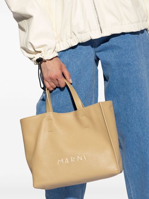 Marni logo-embroidered leather tote bag - Neutrals