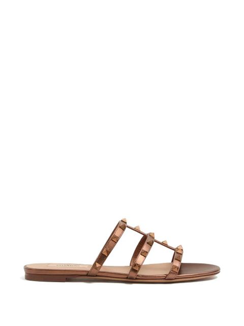 Valentino Garavani Rockstud flat metallic-nappa slide sandals - Brown - zdjęcie produktu nr 1