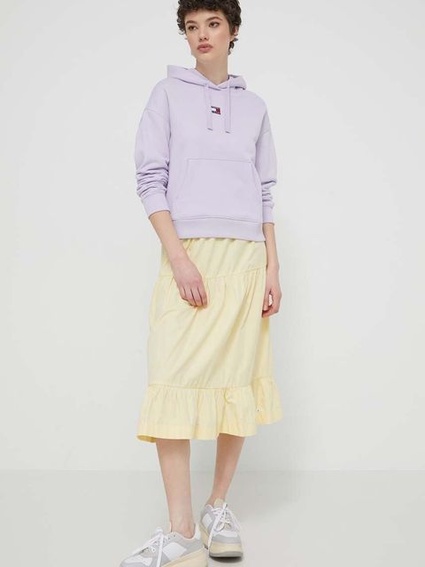 Tommy Jeans bluza bawełniana damska kolor fioletowy z kapturem z aplikacją DW0DW17326