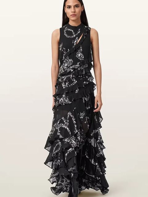 AllSaints sukienka wiskozowa CADY kolor czarny midi rozkloszowana W004DD