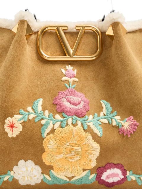 Valentino Garavani medium VLogo-signature floral-embroidered suede tote bag - Neutrals