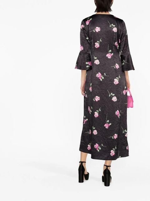 GANNI floral-print crinkled midi dress - Black