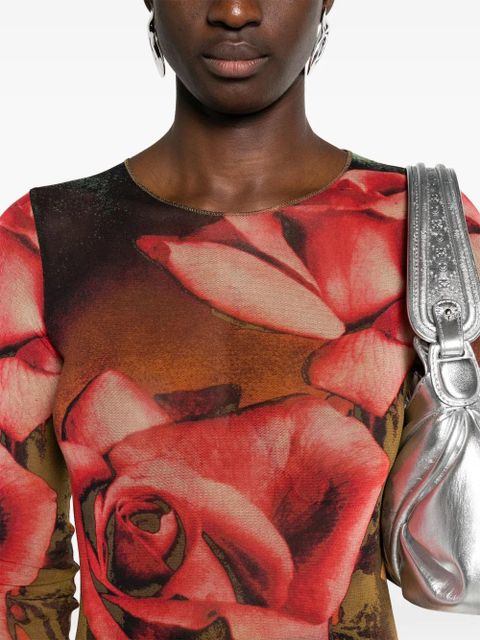 Jean Paul Gaultier rose-print mesh midi dress - Green