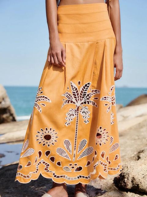 FARM Rio embroidery camel skirt - Orange