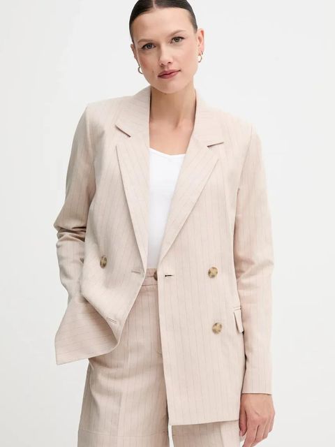 United Colors of Benetton marynarka z domieszką lnu kolor beżowy dwurzędowa wzorzysta 29KBDW033 - zdjęcie produktu nr 1