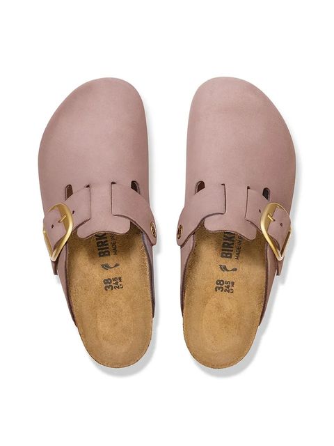 Birkenstock klapki nubukowe Boston Big Buckle damskie kolor fioletowy 1030544