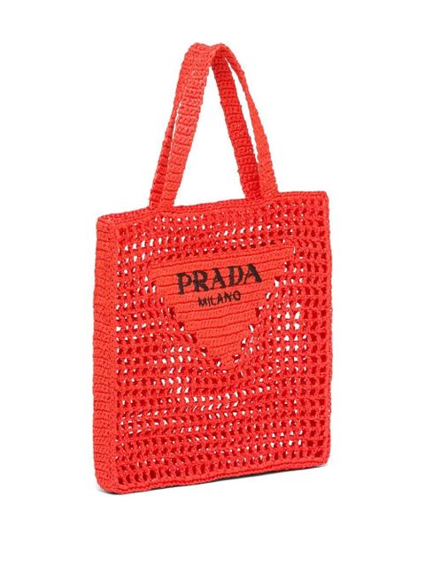 Prada triangle-logo crochet raffia tote bag - Orange