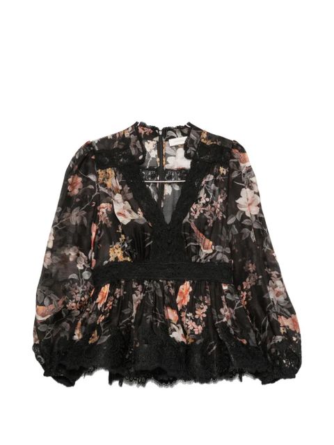 ZIMMERMANN Carousel floral-print lace-trim blouse - Black - zdjęcie produktu nr 1