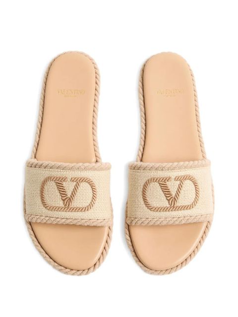 Valentino Garavani VLogo torchon slide sandals in linen canvas - Neutrals