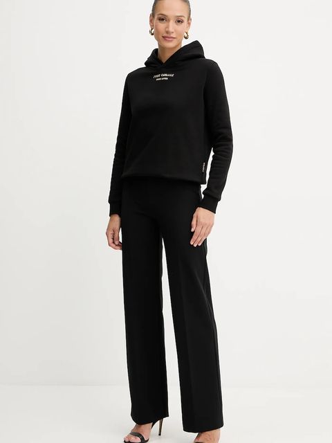 Just Cavalli bluza bawełniana damska kolor czarny z kapturem z nadrukiem 79PAIT01 CF502