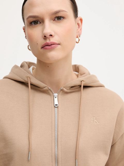 Calvin Klein Jeans bluza damska kolor brązowy z kapturem gładka LV047B237G