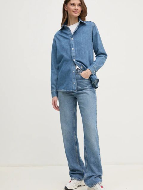 Sisley koszula bawełniana damska kolor niebieski regular z kołnierzykiem klasycznym 53GELQ08J