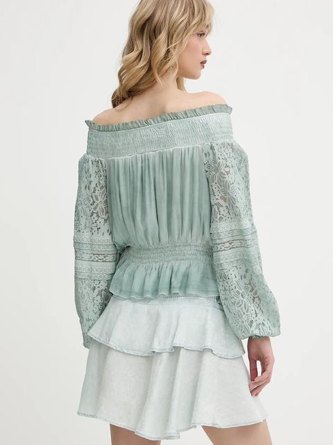 Guess bluzka z domieszką jedwabiu AUDREY damska kolor turkusowy wzorzysta W5GH0S WE550