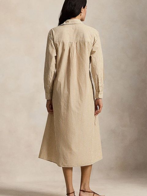 Polo Ralph Lauren sukienka z domieszką lnu kolor brązowy midi rozkloszowana 211A96364