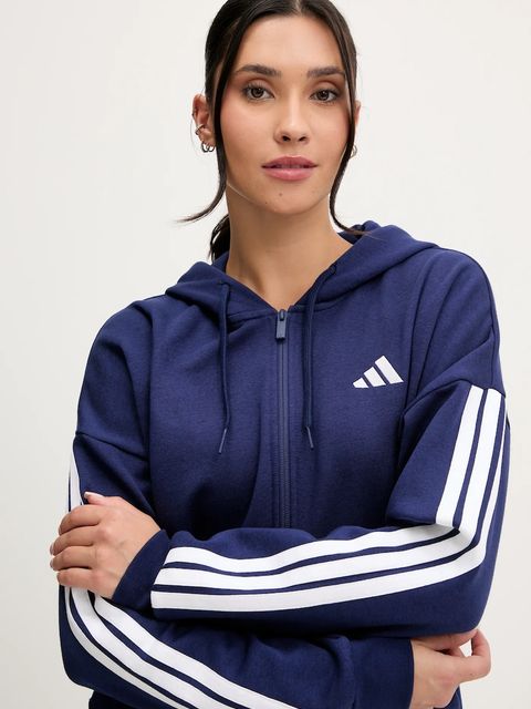 adidas bluza 3-Stripes damska kolor niebieski z kapturem z aplikacją JY3083