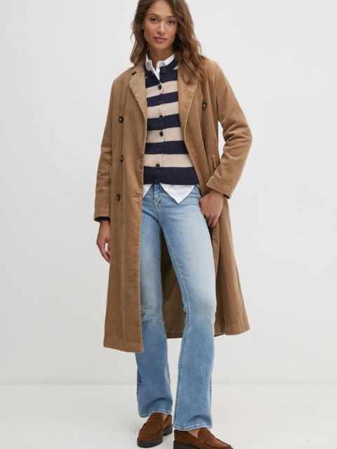 United Colors of Benetton płaszcz sztruksowy kolor brązowy przejściowy dwurzędowy 2HKTDN06L