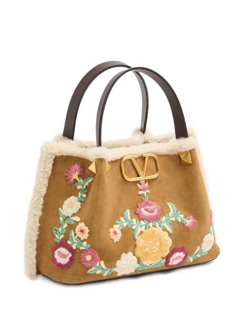 Valentino Garavani small embroidered-flowers suede tote bag - Neutrals