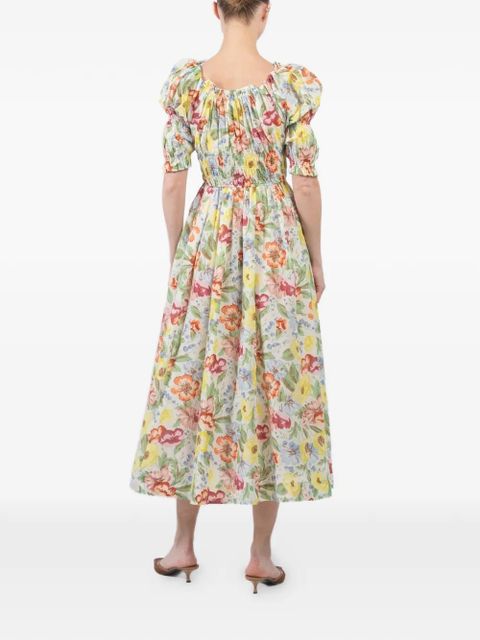 DÔEN Ischia shirred floral-print midi dress - Neutrals