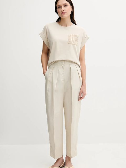 United Colors of Benetton spodnie z domieszką lnu damskie kolor beżowy proste high waist 45BVDF09B - zdjęcie produktu nr 2