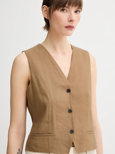 Marc O'Polo kamizelka lniana kolor brązowy jednorzędowa 504095281007 - zdjęcie produktu nr 2