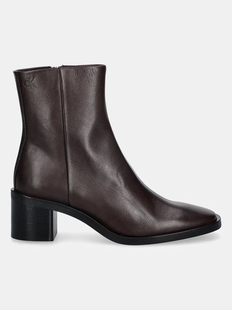 Calvin Klein botki skórzane BLOCK HEEL ZIP BOOT LTH damskie kolor brązowy na słupku HW0HW02593 - zdjęcie produktu nr 2