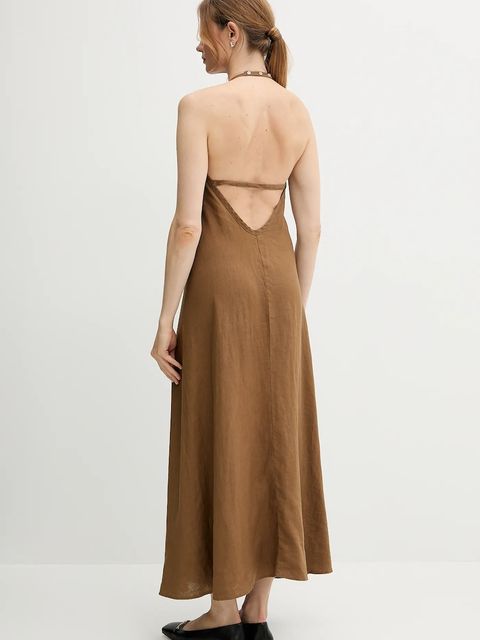 United Colors of Benetton sukienka lniana kolor brązowy maxi rozkloszowana 4AGHDV0BF